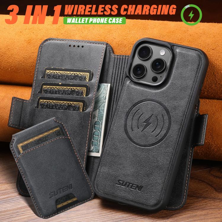 For iPhone 14 Suteni Q06S2 3-in-1 Detachable Vertical Flip Wallet MagSafe Splicing Leather Phone Case