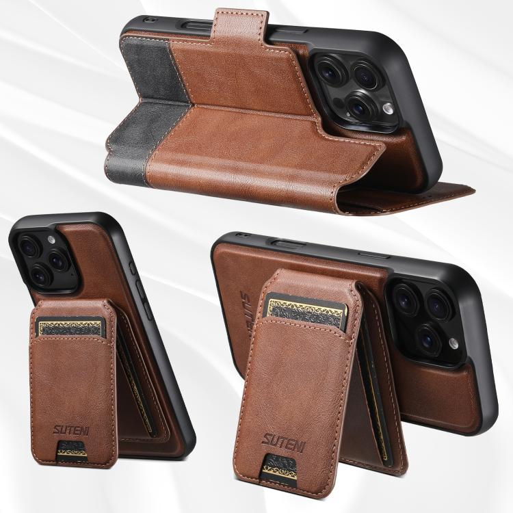 For iPhone 13 Suteni Q06S2 3-in-1 Detachable Vertical Flip Wallet MagSafe Splicing Leather Phone Case