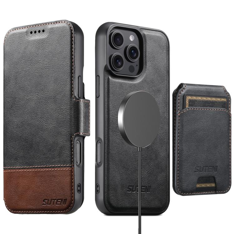 For iPhone 17 Suteni Q06S2 3-in-1 Detachable Vertical Flip Wallet MagSafe Splicing Leather Phone Case