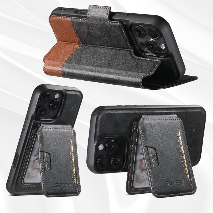 For iPhone 16 Plus Suteni Q06S3 3-in-1 Splicing Detachable Vertical Flip Wallet MagSafe Leather Phone Case