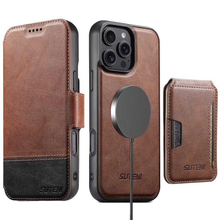 For iPhone 16 Plus Suteni Q06S3 3-in-1 Splicing Detachable Vertical Flip Wallet MagSafe Leather Phone Case
