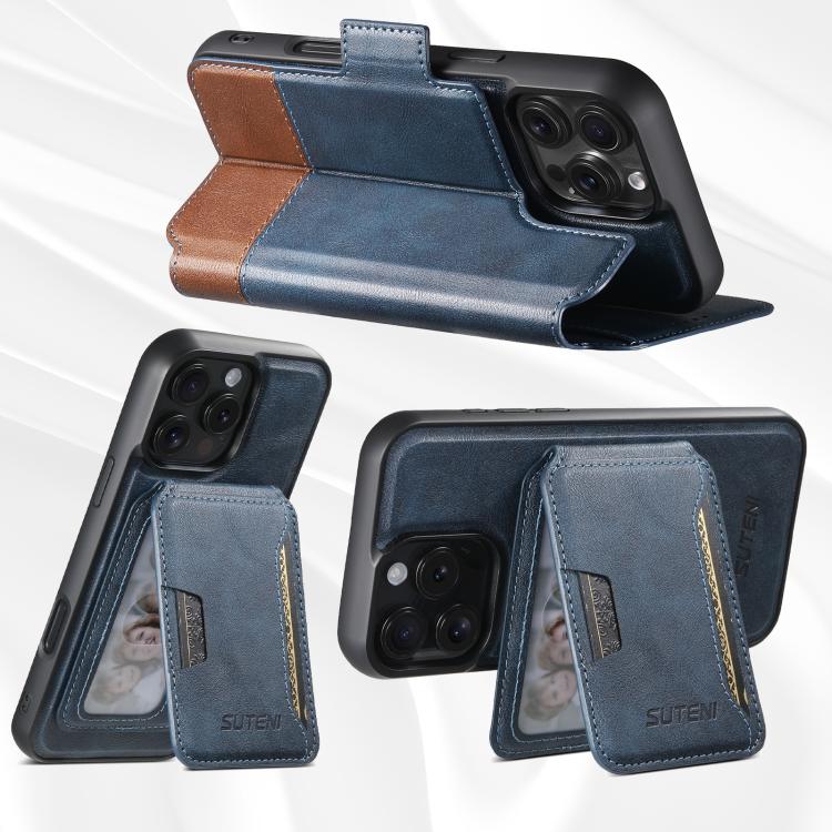 For iPhone 16 Plus Suteni Q06S3 3-in-1 Splicing Detachable Vertical Flip Wallet MagSafe Leather Phone Case