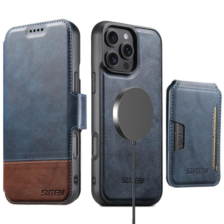 For iPhone 16 Suteni Q06S3 3-in-1 Splicing Detachable Vertical Flip Wallet MagSafe Leather Phone Case