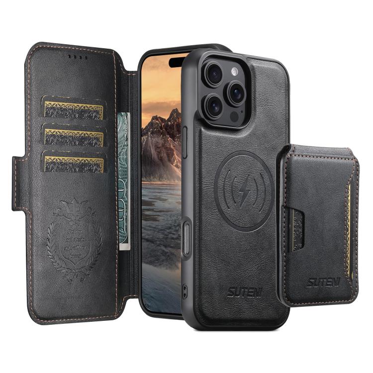 For iPhone 15 Plus Suteni Q06S3 3-in-1 Splicing Detachable Vertical Flip Wallet MagSafe Leather Phone Case