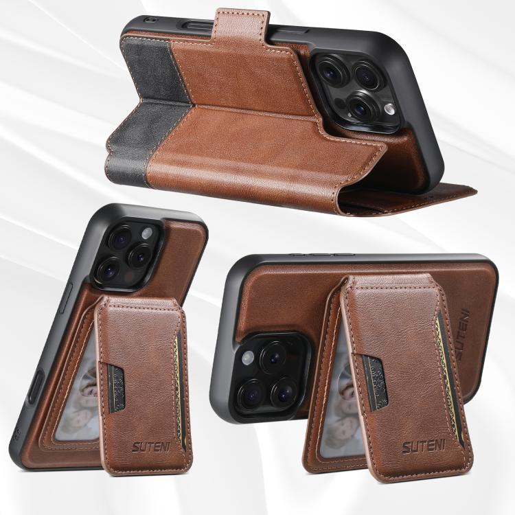 For iPhone 15 Plus Suteni Q06S3 3-in-1 Splicing Detachable Vertical Flip Wallet MagSafe Leather Phone Case