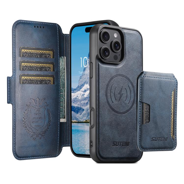 For iPhone 15 Plus Suteni Q06S3 3-in-1 Splicing Detachable Vertical Flip Wallet MagSafe Leather Phone Case