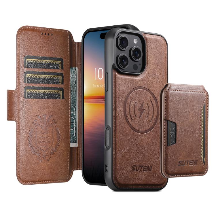 For iPhone 13 Suteni Q06S3 3-in-1 Splicing Detachable Vertical Flip Wallet MagSafe Leather Phone Case