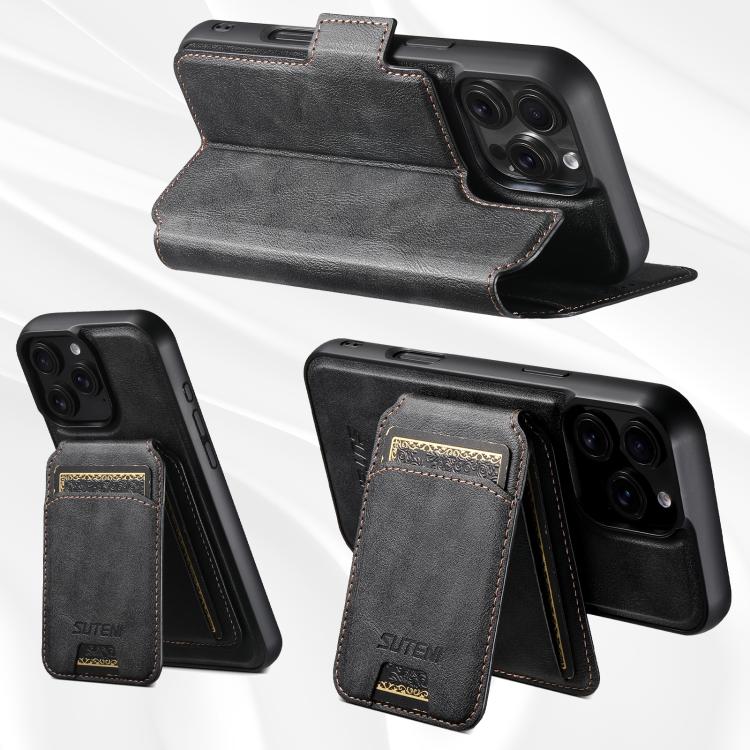 For iPhone 16 Plus Suteni Q07S2 3-in-1 Detachable Vertical Flip Wallet MagSafe Splicing Leather Phone Case
