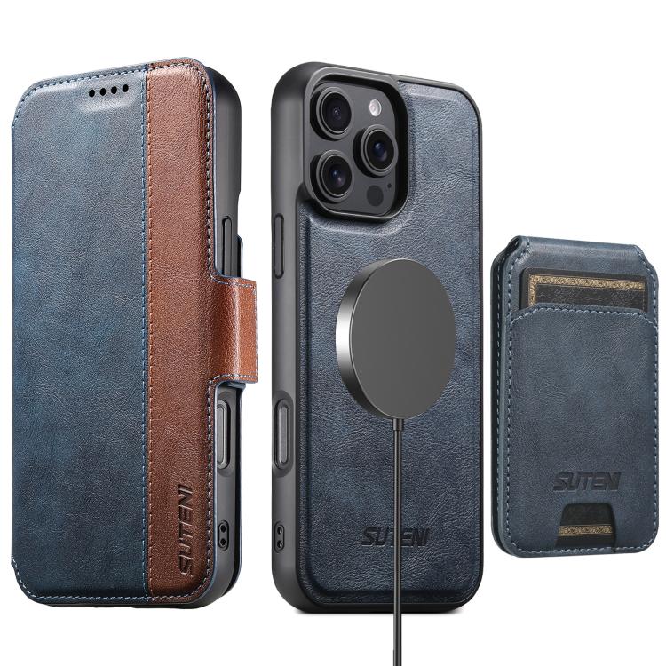 For iPhone 16 Plus Suteni Q07S2 3-in-1 Detachable Vertical Flip Wallet MagSafe Splicing Leather Phone Case