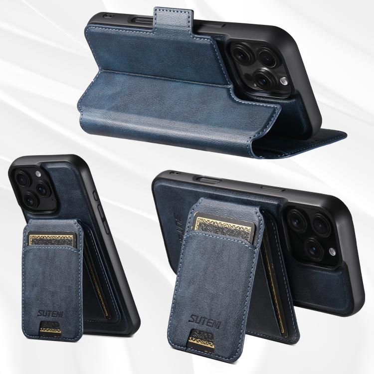 For iPhone 16 Plus Suteni Q07S2 3-in-1 Detachable Vertical Flip Wallet MagSafe Splicing Leather Phone Case