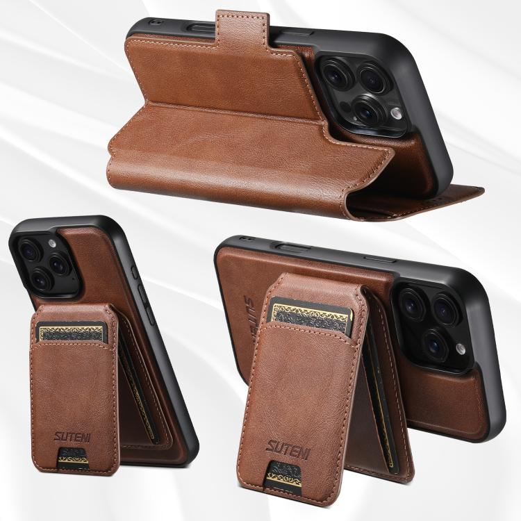 For iPhone 15 Plus Suteni Q07S2 3-in-1 Detachable Vertical Flip Wallet MagSafe Splicing Leather Phone Case