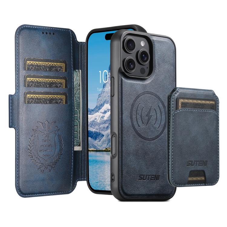 For iPhone 15 Suteni Q07S2 3-in-1 Detachable Vertical Flip Wallet MagSafe Splicing Leather Phone Case