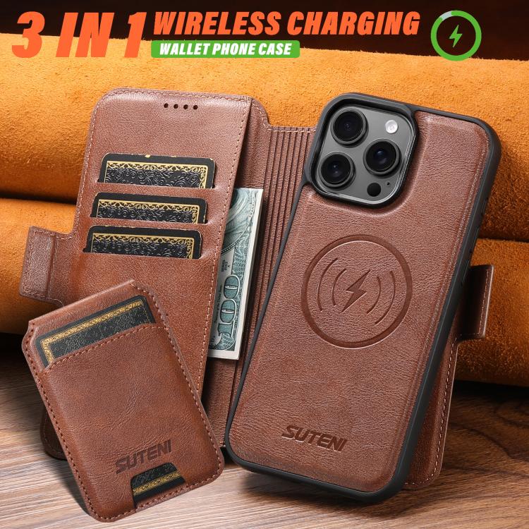 For iPhone 14 Plus Suteni Q07S2 3-in-1 Detachable Vertical Flip Wallet MagSafe Splicing Leather Phone Case