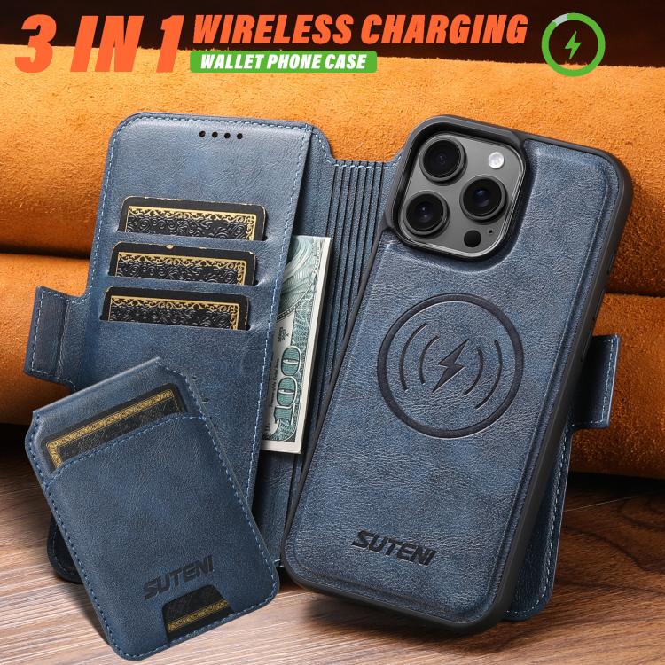 For iPhone 14 Plus Suteni Q07S2 3-in-1 Detachable Vertical Flip Wallet MagSafe Splicing Leather Phone Case