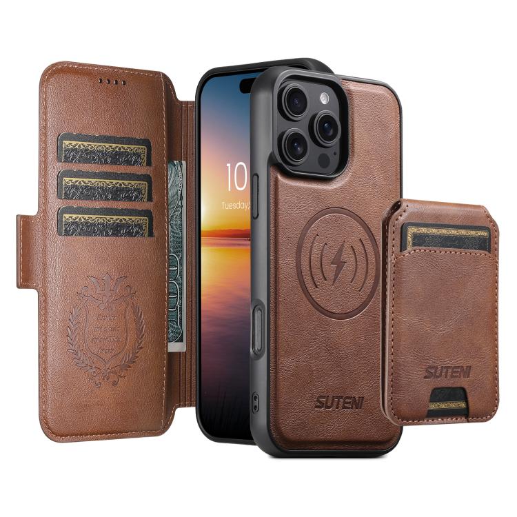 For iPhone 12 Suteni Q07S2 3-in-1 Detachable Vertical Flip Wallet MagSafe Splicing Leather Phone Case