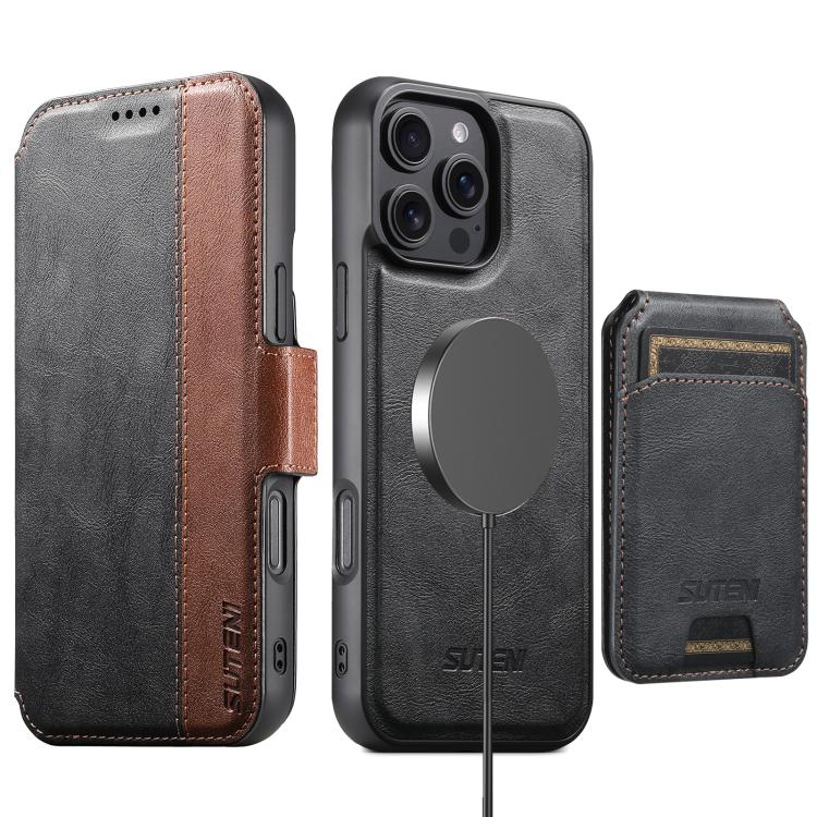 For iPhone 17 Pro Max Suteni Q07S2 3-in-1 Detachable Vertical Flip Wallet MagSafe Splicing Leather Phone Case