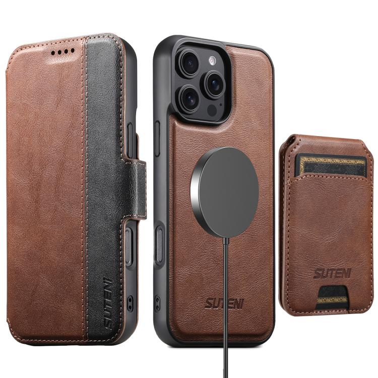 For iPhone 17 Pro Max Suteni Q07S2 3-in-1 Detachable Vertical Flip Wallet MagSafe Splicing Leather Phone Case