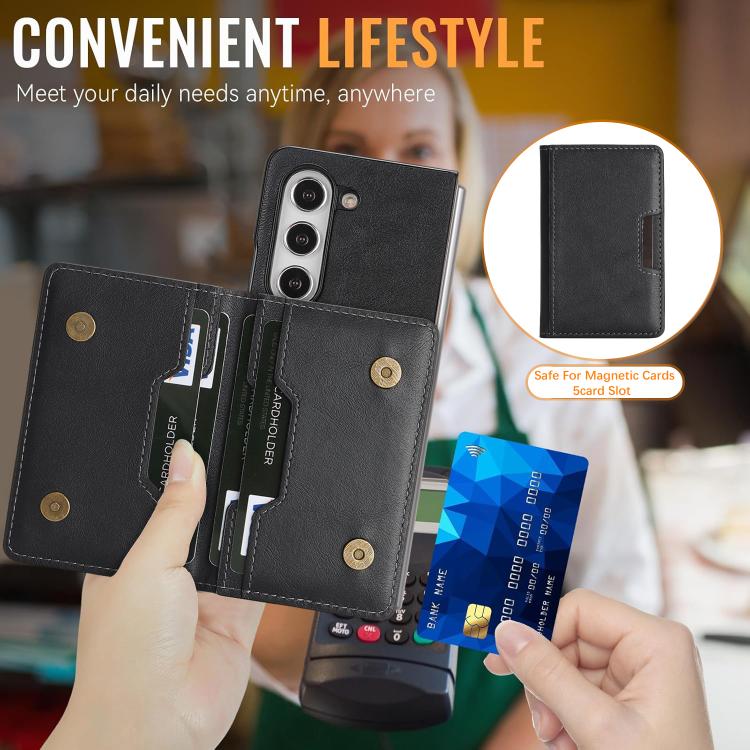For Samsung Galaxy Z Fold5 Kalebol Strong Magnetic MagSafe 2-Fold Ring Magnetic Card Case Leather Side Sticker Phone Case