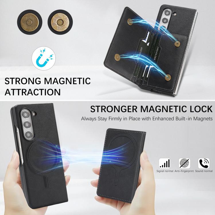 For Samsung Galaxy Z Fold5 Kalebol Strong Magnetic MagSafe 2-Fold Ring Magnetic Card Case Leather Side Sticker Phone Case