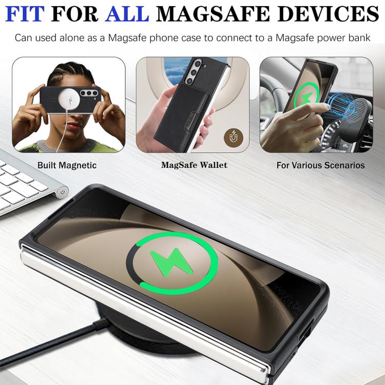For Samsung Galaxy Z Fold5 Kalebol Strong Magnetic MagSafe 2-Fold Ring Magnetic Card Case Leather Side Sticker Phone Case