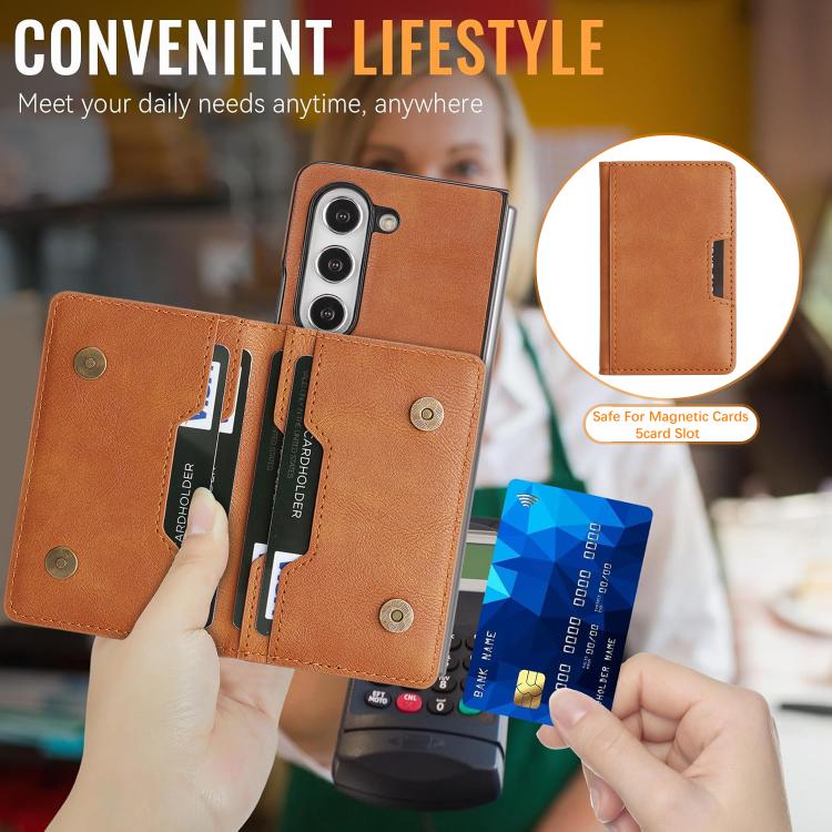 For Samsung Galaxy Z Fold5 Kalebol Strong Magnetic MagSafe 2-Fold Ring Magnetic Card Case Leather Side Sticker Phone Case
