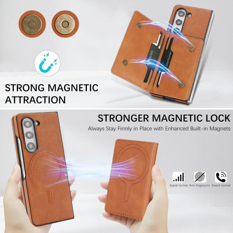 For Samsung Galaxy Z Fold5 Kalebol Strong Magnetic MagSafe 2-Fold Ring Magnetic Card Case Leather Side Sticker Phone Case