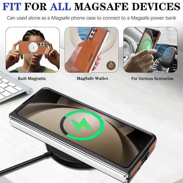 For Samsung Galaxy Z Fold5 Kalebol Strong Magnetic MagSafe 2-Fold Ring Magnetic Card Case Leather Side Sticker Phone Case
