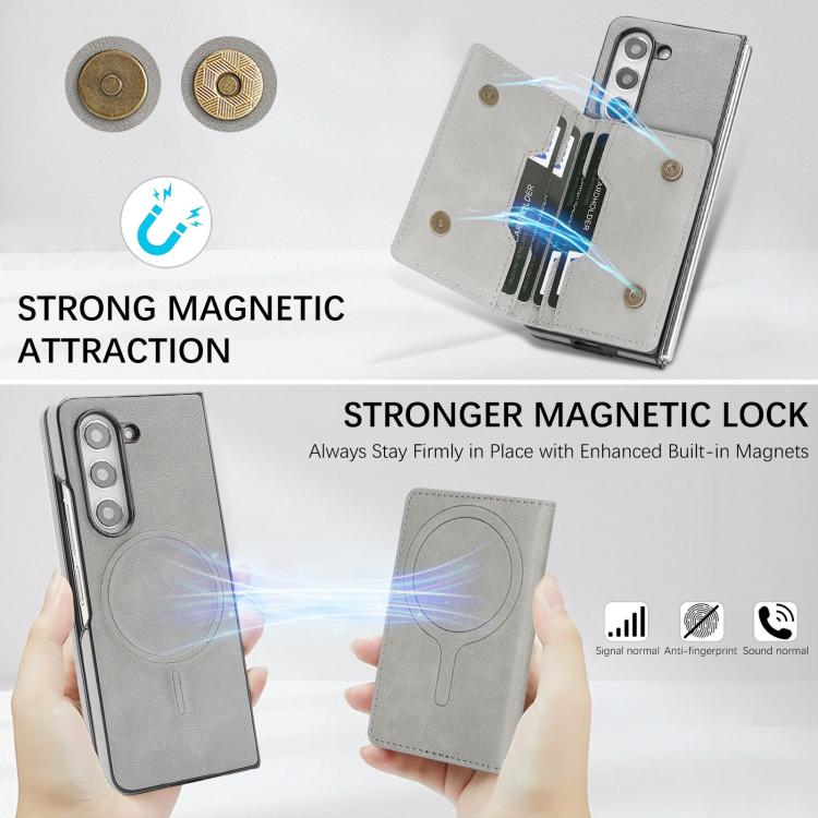 For Samsung Galaxy Z Fold5 Kalebol Strong Magnetic MagSafe 2-Fold Ring Magnetic Card Case Leather Side Sticker Phone Case