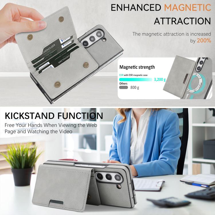 For Samsung Galaxy Z Fold5 Kalebol Strong Magnetic MagSafe 2-Fold Ring Magnetic Card Case Leather Side Sticker Phone Case