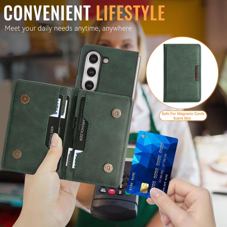 For Samsung Galaxy Z Fold5 Kalebol Strong Magnetic MagSafe 2-Fold Ring Magnetic Card Case Leather Side Sticker Phone Case