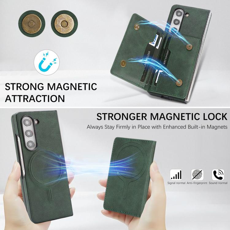 For Samsung Galaxy Z Fold5 Kalebol Strong Magnetic MagSafe 2-Fold Ring Magnetic Card Case Leather Side Sticker Phone Case