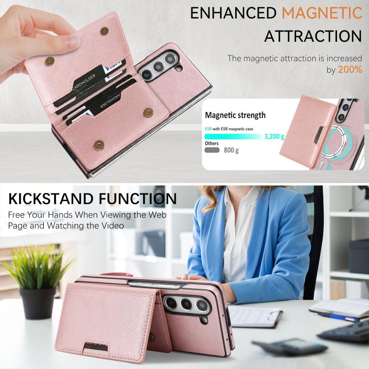 For Samsung Galaxy Z Fold5 Kalebol Strong Magnetic MagSafe 2-Fold Ring Magnetic Card Case Leather Side Sticker Phone Case