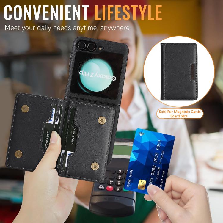 For Samsung Galaxy Z Flip7 FE / Flip6 Kalebol Strong Magnetic MagSafe 2-Fold Ring Magnetic Card Case Leather Side Sticker Phone Case