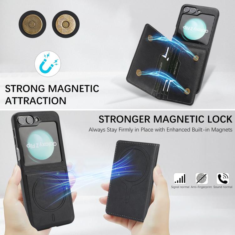 For Samsung Galaxy Z Flip7 FE / Flip6 Kalebol Strong Magnetic MagSafe 2-Fold Ring Magnetic Card Case Leather Side Sticker Phone Case