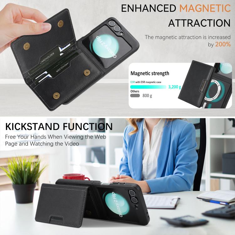 For Samsung Galaxy Z Flip7 FE / Flip6 Kalebol Strong Magnetic MagSafe 2-Fold Ring Magnetic Card Case Leather Side Sticker Phone Case