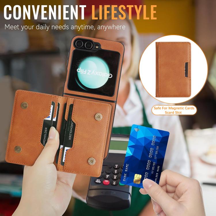 For Samsung Galaxy Z Flip7 FE / Flip6 Kalebol Strong Magnetic MagSafe 2-Fold Ring Magnetic Card Case Leather Side Sticker Phone Case