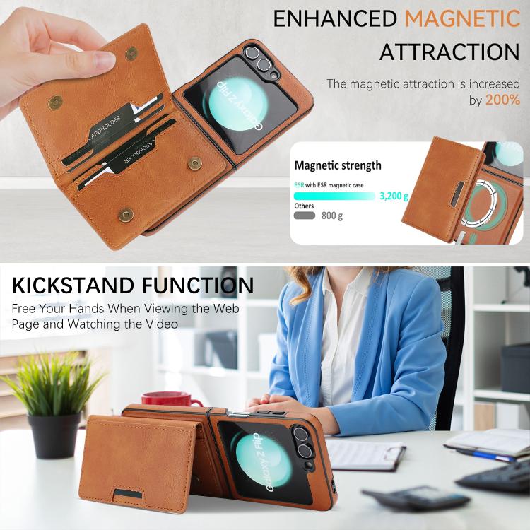 For Samsung Galaxy Z Flip7 FE / Flip6 Kalebol Strong Magnetic MagSafe 2-Fold Ring Magnetic Card Case Leather Side Sticker Phone Case