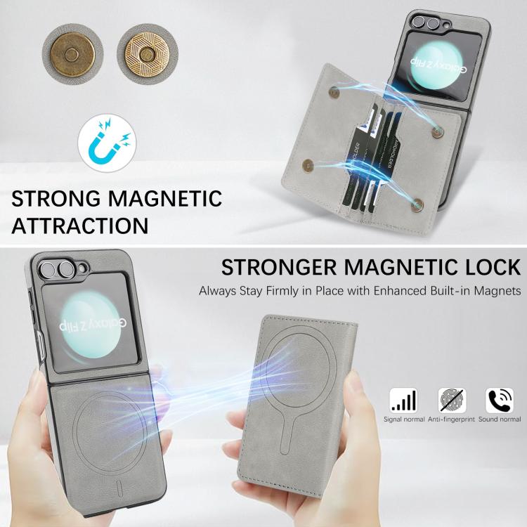 For Samsung Galaxy Z Flip7 FE / Flip6 Kalebol Strong Magnetic MagSafe 2-Fold Ring Magnetic Card Case Leather Side Sticker Phone Case