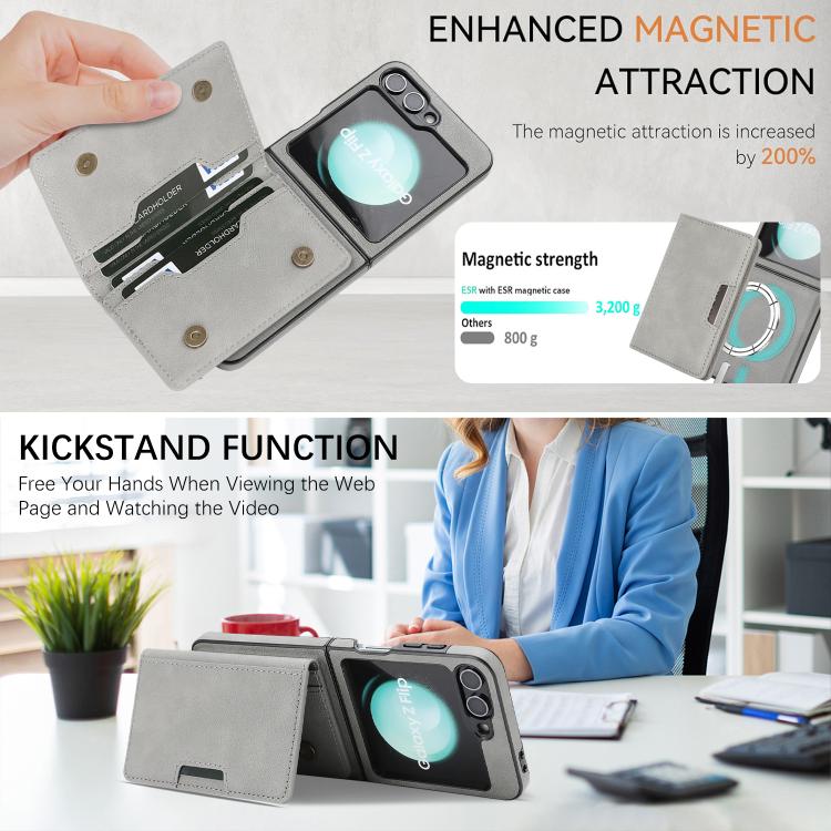 For Samsung Galaxy Z Flip7 FE / Flip6 Kalebol Strong Magnetic MagSafe 2-Fold Ring Magnetic Card Case Leather Side Sticker Phone Case