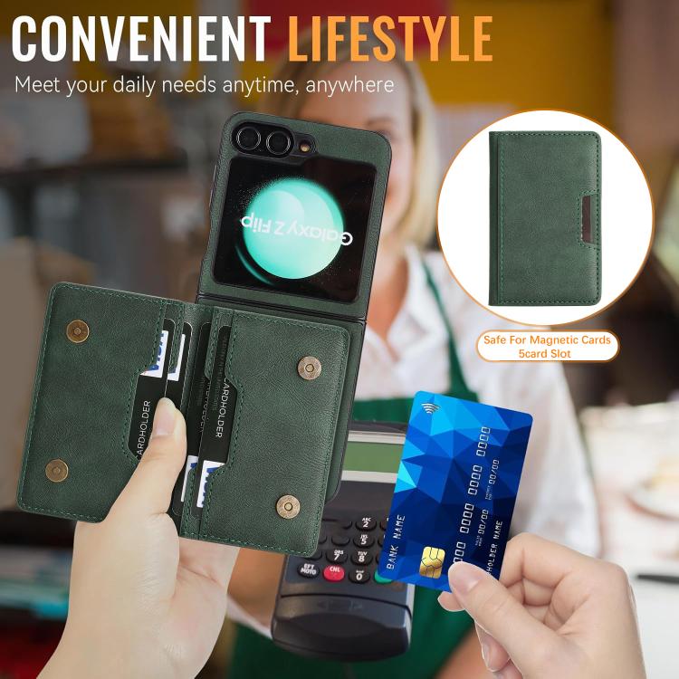 For Samsung Galaxy Z Flip7 FE / Flip6 Kalebol Strong Magnetic MagSafe 2-Fold Ring Magnetic Card Case Leather Side Sticker Phone Case