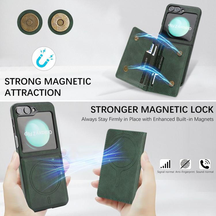 For Samsung Galaxy Z Flip7 FE / Flip6 Kalebol Strong Magnetic MagSafe 2-Fold Ring Magnetic Card Case Leather Side Sticker Phone Case