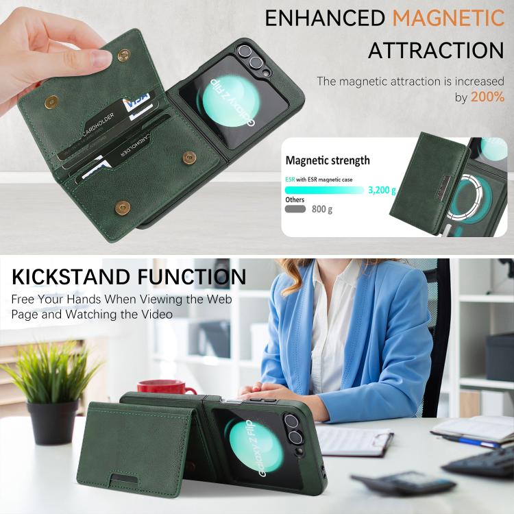 For Samsung Galaxy Z Flip7 FE / Flip6 Kalebol Strong Magnetic MagSafe 2-Fold Ring Magnetic Card Case Leather Side Sticker Phone Case