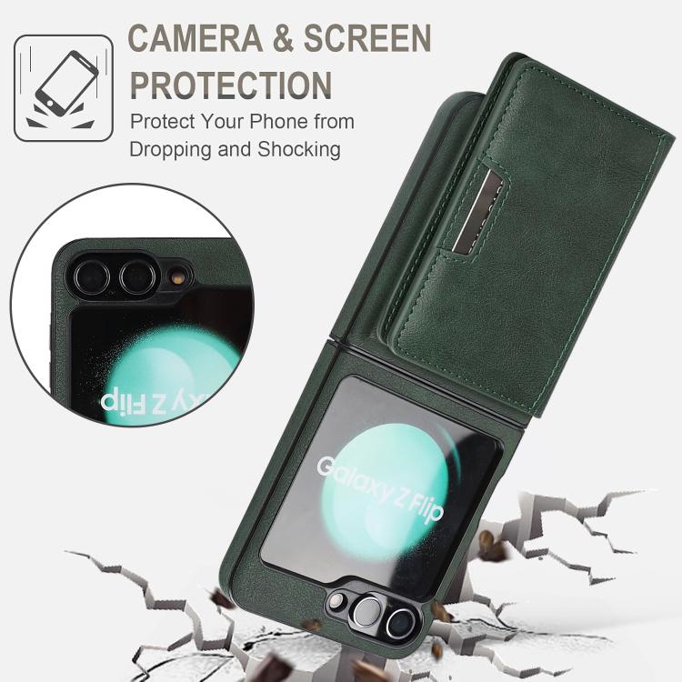 For Samsung Galaxy Z Flip7 FE / Flip6 Kalebol Strong Magnetic MagSafe 2-Fold Ring Magnetic Card Case Leather Side Sticker Phone Case