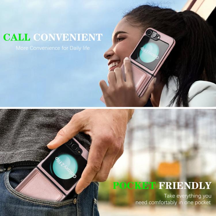 For Samsung Galaxy Z Flip7 FE / Flip6 Kalebol Strong Magnetic MagSafe 2-Fold Ring Magnetic Card Case Leather Side Sticker Phone Case