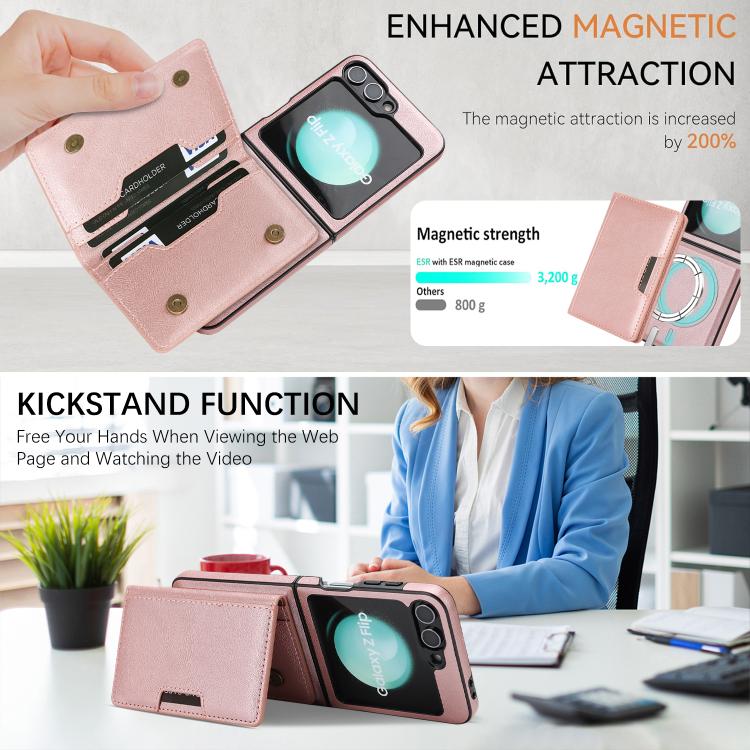 For Samsung Galaxy Z Flip7 FE / Flip6 Kalebol Strong Magnetic MagSafe 2-Fold Ring Magnetic Card Case Leather Side Sticker Phone Case
