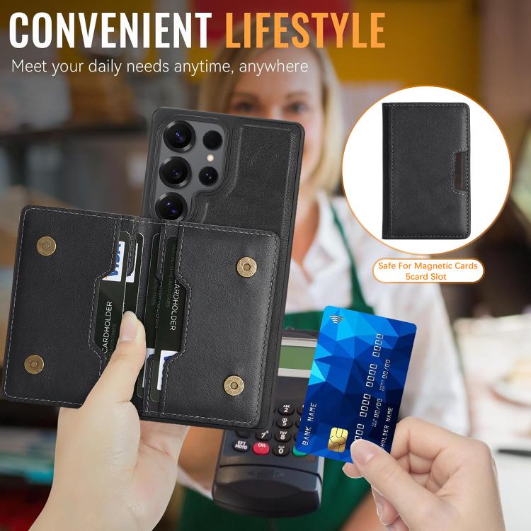 For Samsung Galaxy S25 Ultra Kalebol Strong Magnetic MagSafe 2-Fold Ring Magnetic Card Case Leather Side Sticker Phone Case