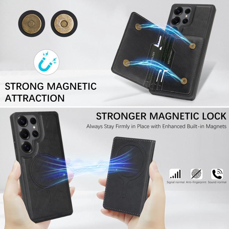 For Samsung Galaxy S25 Ultra Kalebol Strong Magnetic MagSafe 2-Fold Ring Magnetic Card Case Leather Side Sticker Phone Case