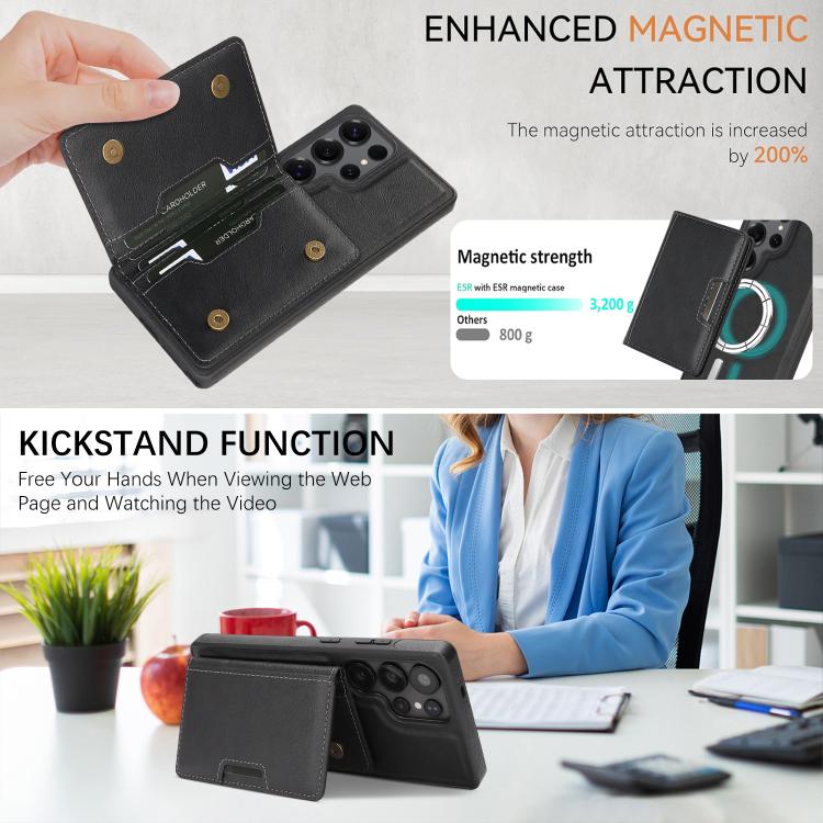 For Samsung Galaxy S25 Ultra Kalebol Strong Magnetic MagSafe 2-Fold Ring Magnetic Card Case Leather Side Sticker Phone Case