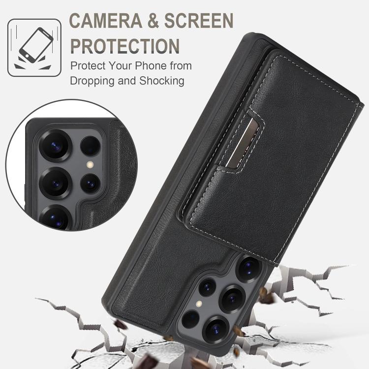 For Samsung Galaxy S25 Ultra Kalebol Strong Magnetic MagSafe 2-Fold Ring Magnetic Card Case Leather Side Sticker Phone Case