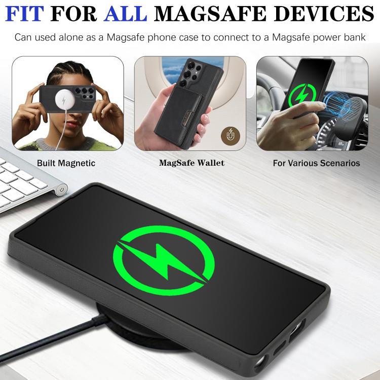 For Samsung Galaxy S25 Ultra Kalebol Strong Magnetic MagSafe 2-Fold Ring Magnetic Card Case Leather Side Sticker Phone Case